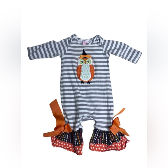 Ricrac and Ruffles fall Halloween striped owl one piece outfit size 3/6 months - Picture 1 of 3